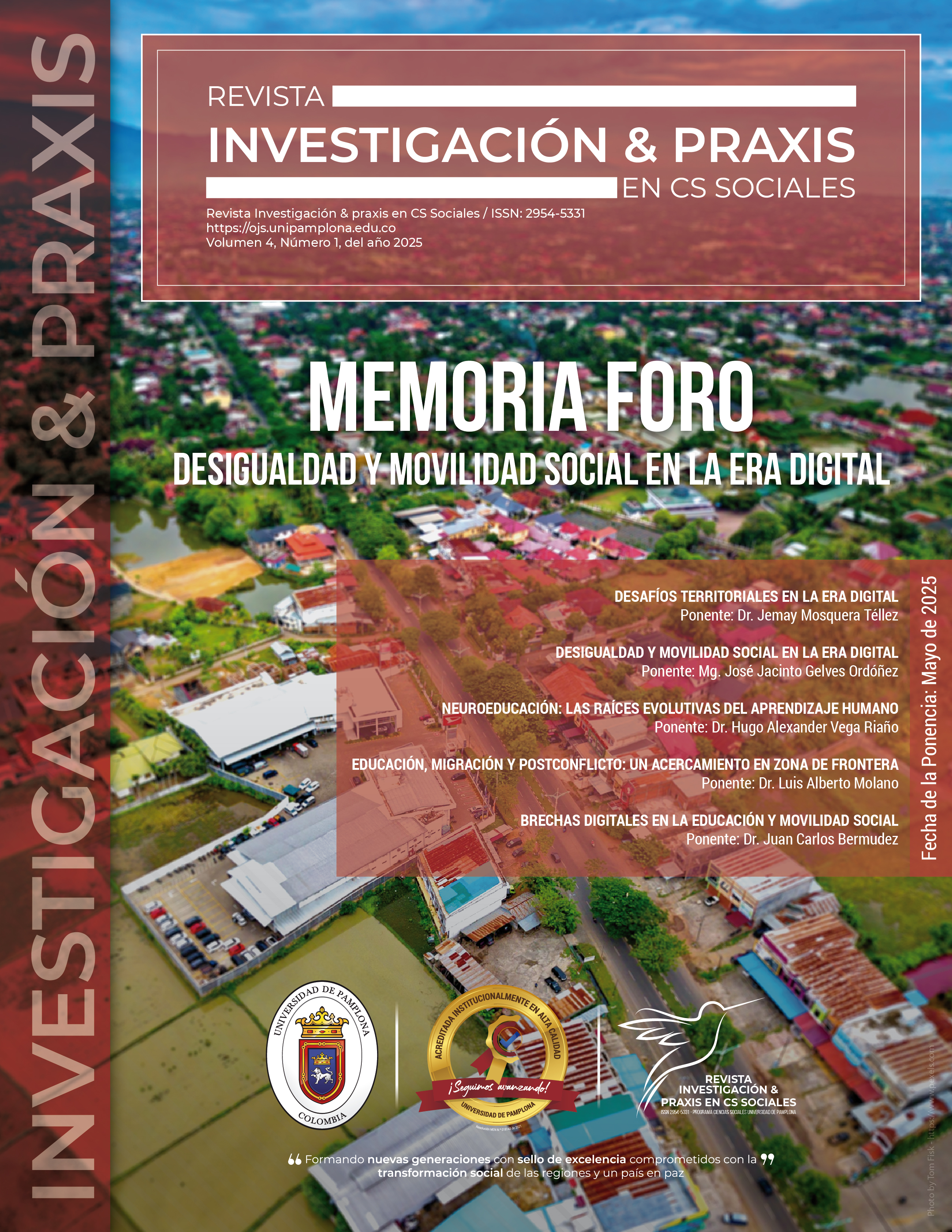 Foro Académico de Ciencias Sociales Aborda Desafíos de Desigualdad y Movilidad Social en la Era Digital  Pamplona, mayo de 2025 – El Programa de Licenciatura en Ciencias Sociales de la Universidad de Pamplona organizó un foro académico crucial titulado "Desigualdad y Movilidad Social en la Era Digital". El evento, celebrado en el Auditorio Jorge Gaitán, sede Casona, reunió a académicos nacionales e internacionales para fomentar el análisis crítico de los fenómenos sociales contemporáneos.  El foro contó con la participación de docentes, estudiantes e investigadores de diversas instituciones, incluyendo la Universidad de Pamplona, la Universidad Nacional de Córdoba (Argentina) y la Universidad Autónoma del Estado de Morelos (México). Las ponencias abordaron temas clave como los desafíos territoriales de la era digital, la neuroeducación y el impacto de las brechas digitales en la educación y la movilidad social.  El Dr. Hugo Alexander Vega Riaño, organizador del foro, destacó la importancia de analizar la educación desde sus raíces evolutivas y su impacto en un sistema social en constante cambio. Por su parte, el estudiante Edward Steven Díaz Arévalo enfatizó cómo la evolución tecnológica ha creado nuevas formas de discriminación social. Los participantes resaltaron el foro como un espacio esencial para reflexionar sobre las transformaciones tecnológicas y sus implicaciones en la dinámica social y económica.
